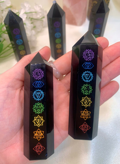 Black Obsidian Point with Chakra Etching